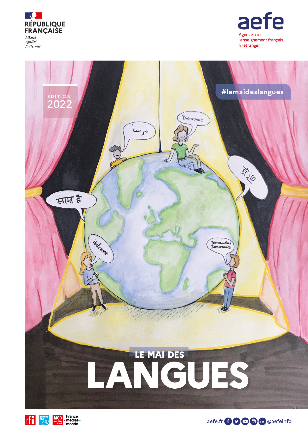 Affiche du Mai des langues 2022 : dessin d'enfant représentant un planisphère sur une scène de théâtre, entouré de personnages s'exprimant en différentes langues