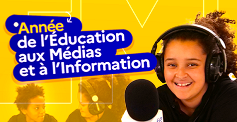 Visuel sur l'Année de l'ÉMI (éducation aux médiaset à l'information) représentant une élève produisant de l'information
