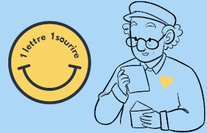 Illustration comprenant un emoji avec la mention "1 lettre 1 sourire" et le dessin d'un homme âgé, avec un cœur jaune sur la poitrine, lisant une lettre