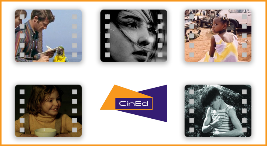 Visuel représentant une pellicule avec des images de films du patrimoine et le logo CinEd
