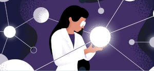 Visuel : dessin d'une femme scientifique au milieu de molécules lumineuses