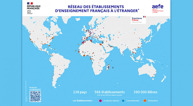 La carte du réseau des établissements d&#039;enseignement français à l&#039;étranger (septembre 2022)